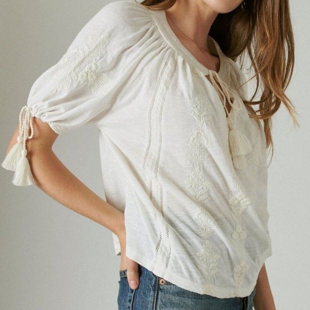 Lucky Brand White Embroidered Floral Tie Neck Top